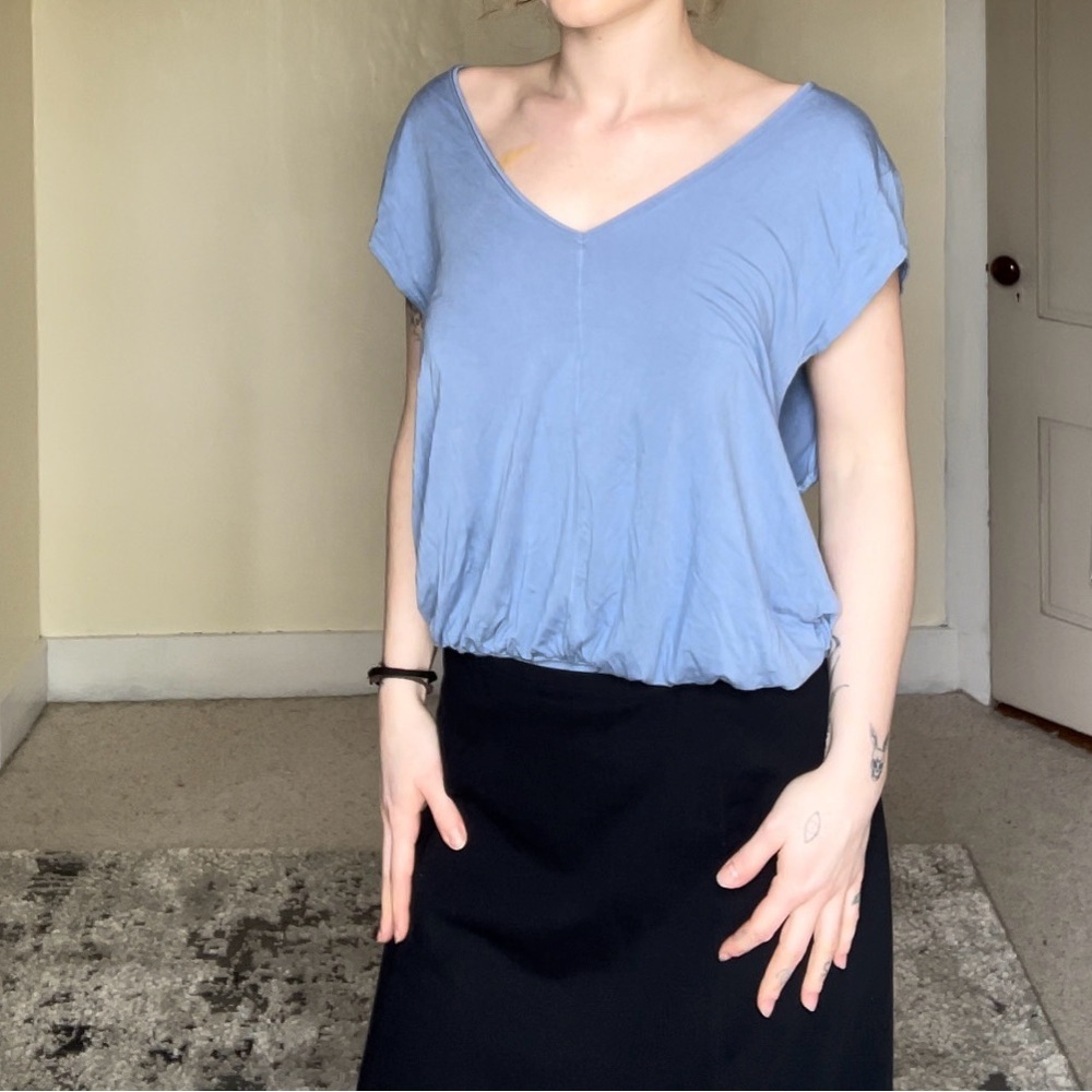 Free People Periwinkle Blue Purple Cap Sleeve Bodysuit Flowy Loose Stretch Comfy - Picture 10 of 14